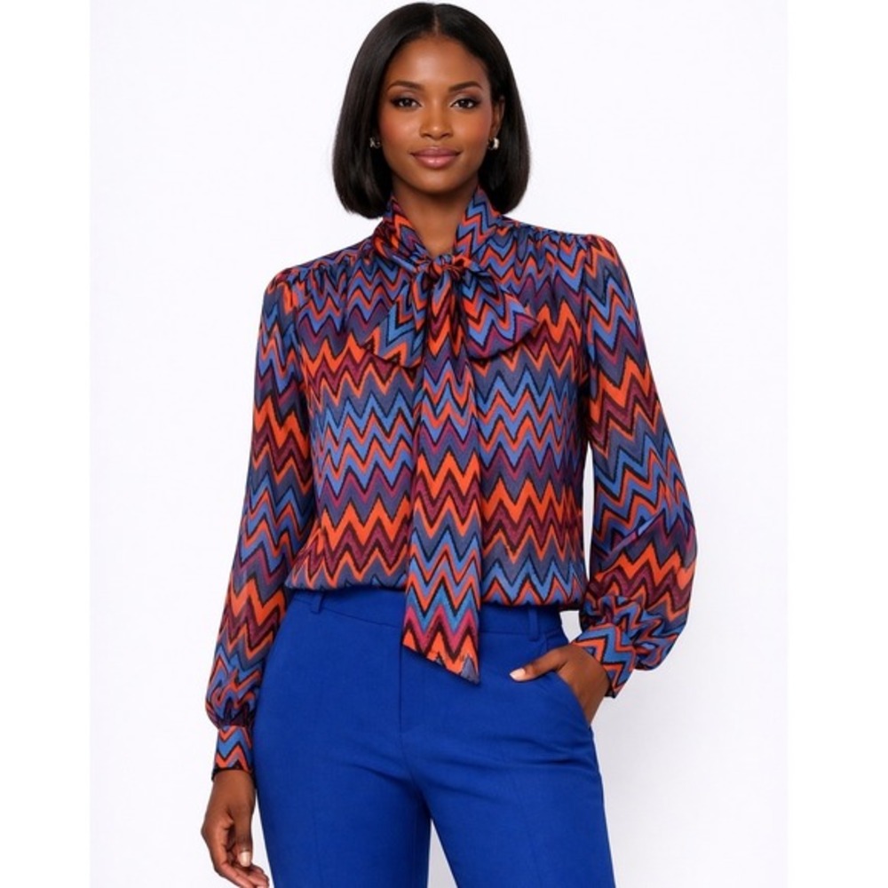 Eva Mendes New York & Co Chevron Bow Blouse Blue Orange S Modern Preppy 79-48